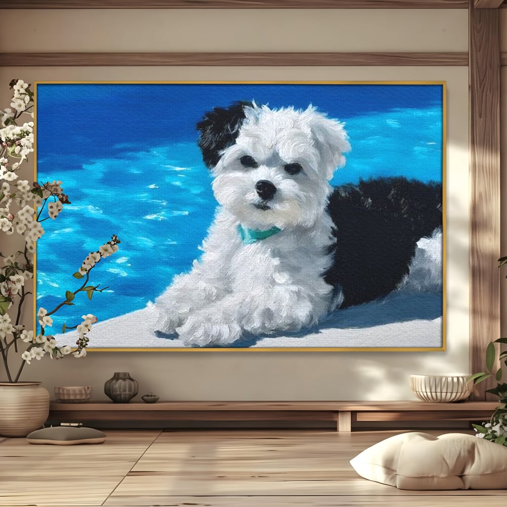 Tablou canvas cu pictura cu catel pufos langa piscina, in rama de aluminiu auriu